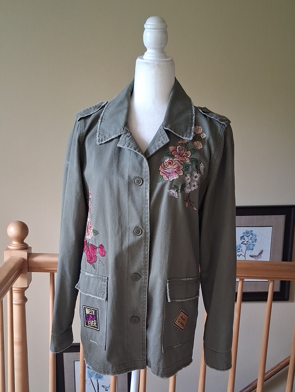Maurices Olive Green Utility Jacket with Floral Embroidery And ACDC Design - Picture 2 of 16